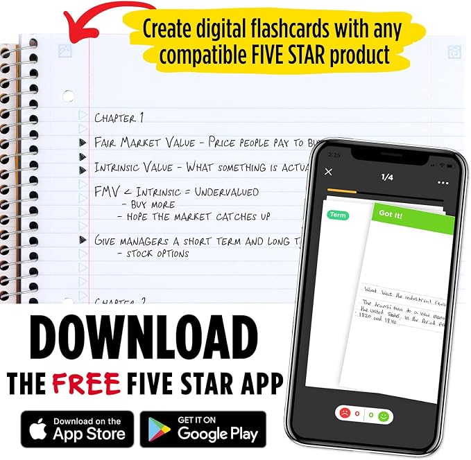 Five Star Spiral Notebooks with Pockets + Study App, 3 Pack, 1-Subject, College Ruled Paper, 11” x 8-1/2", 100 Sheets, Forest Green, Amethyst Purple and Pacific Blue (38456)