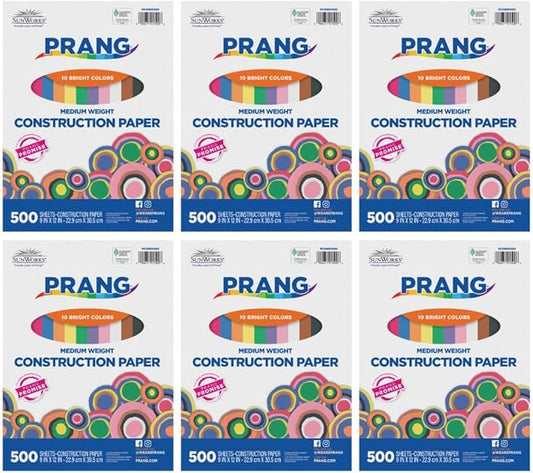 Prang SunWorks Construction Paper, 10 Assorted Colors, 9" x 12", 500 Sheets/Pack, Case of 6 Packs, 3000 Sheets Total