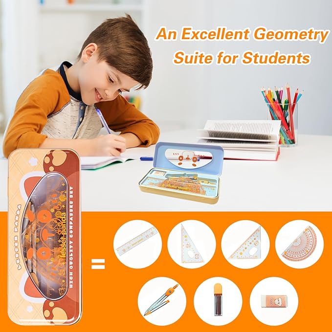 7Pcs Geometry Set for Students – Math Protractor, Compass Geometry Tool, Ruler & Mechanical Pencil, Back to School Math Kit for Kids, School Supplies for Classroom, Drafting Tools with Case