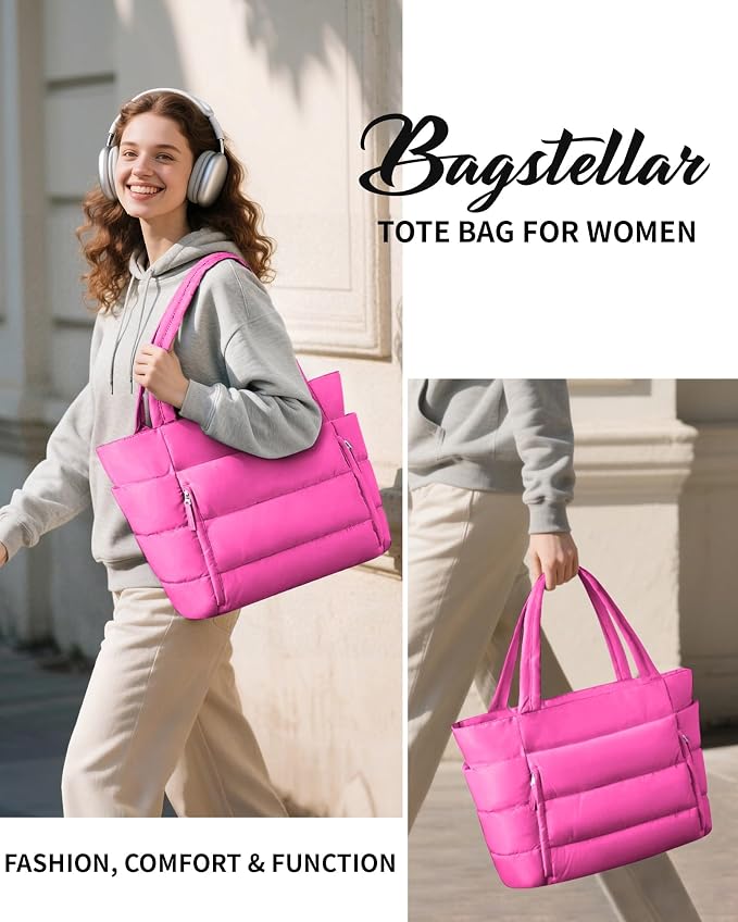 Bagstellar Puffer Tote Bag for Women, Lightweight Puffy Work Handbag Teacher Nurse Quilted Shoulder Bag for School Travel Gym | Cloud Bag w/ Zipper