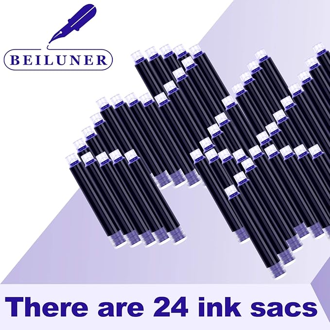 BEILUNER Fountain Pen Set Ink Cartridges Blue Color, Value Pack of 24 Refill Ink Cartridges, 2.6 mm Bore Diameter- Preppy Combo for Fine Writing