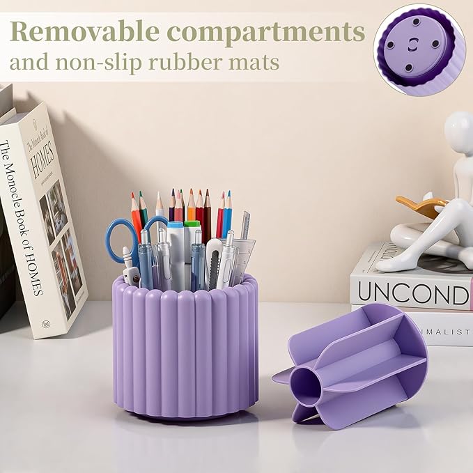 Anyoifax 360° Rotating Pen Holder 7 Slots Desk Organizer Removable Pencil Cup Plastic Art Supplies and Accessories Desktop Storage Box Caddy for Office, School, Home (Purple)