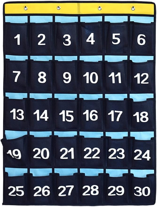 Numbered Pocket Chart Over Door Hanging Classroom Organizer for Cell Phones Calculators Holders Blue (30 POCKETS)