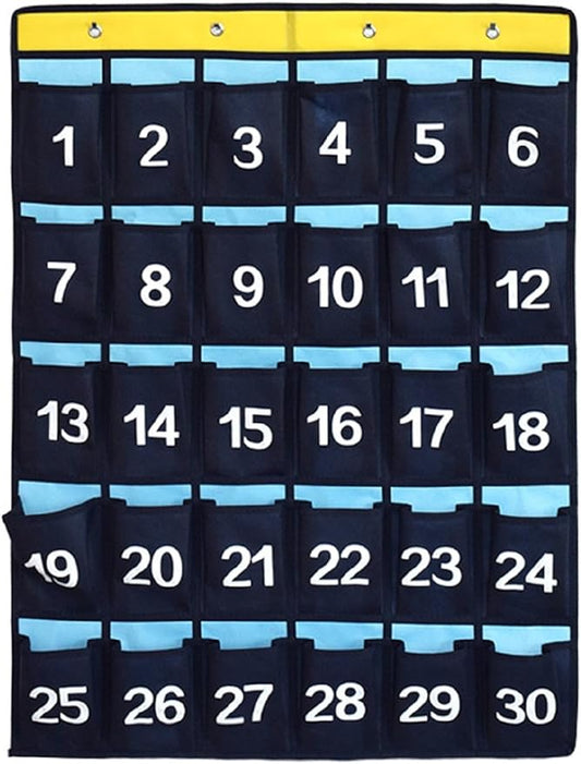 Numbered Pocket Chart Over Door Hanging Classroom Organizer for Cell Phones Calculators Holders Blue (30 POCKETS)