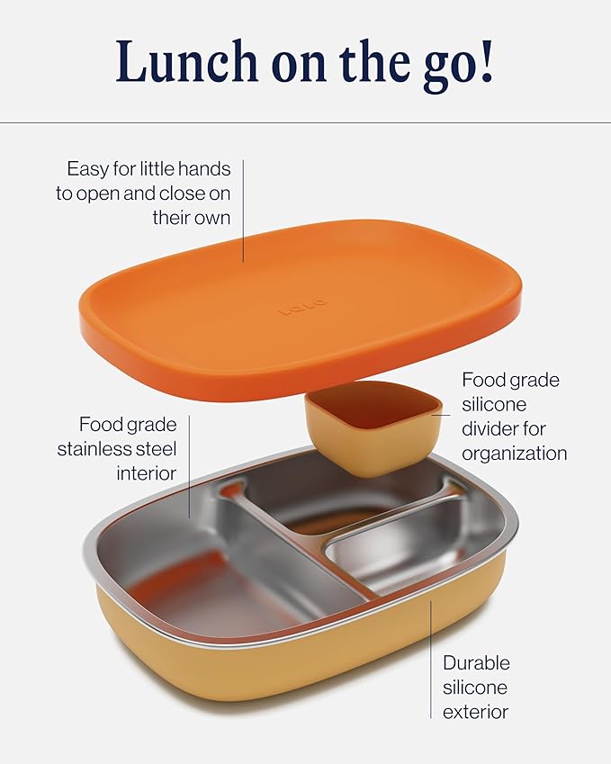 Lalo Bento Box - BPA-Free Bento Box For Kids & Toddlers, Leak-Proof, Dishwasher Safe, Easy to Open & Clean Silicone & Stainless Steel Lunch Box For Kids, Portable for Daycare or Travel - Citrus Peel