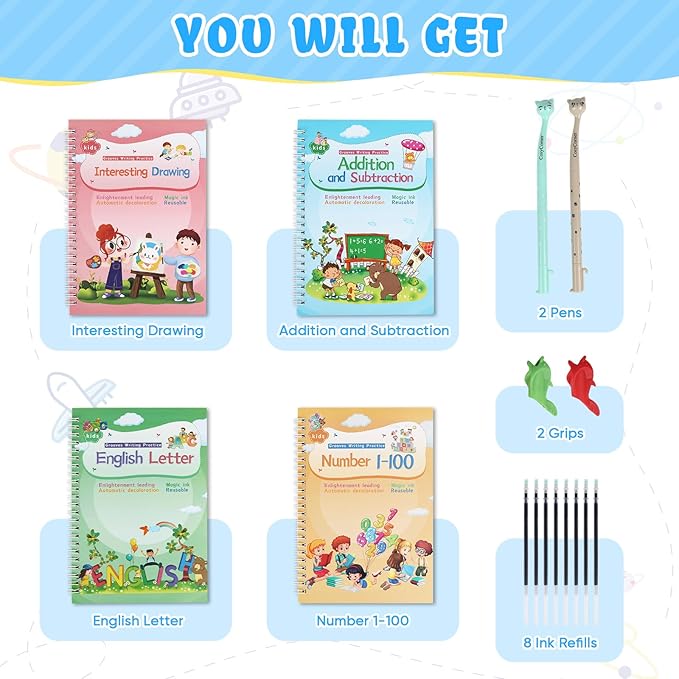 ASIGN Magic Ink Copybooks for Kids Reusable Handwriting Workbooks for Preschools Grooves Template Design and Handwriting Aid (4)