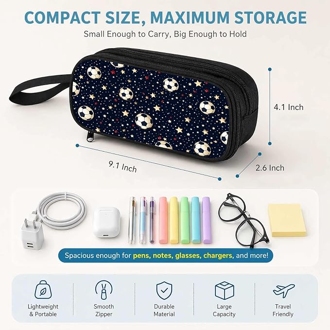 Firmiso Kids Pencil Case, Soccer Star Pattern, Large Capacity Double Zipper Pencil Pouch with Compartments, Durable Polyester Stationery Organizer, Pen Case for Boys Girls Students