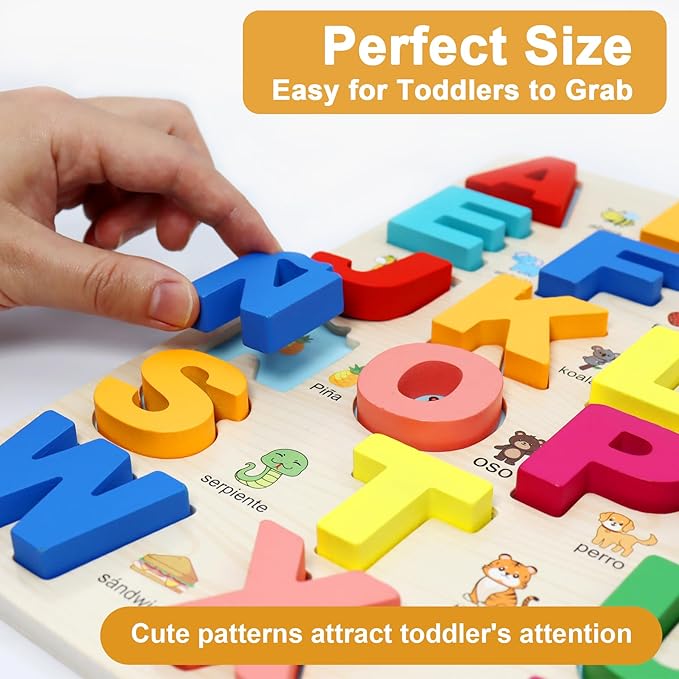 MAYAPHILOS Wooden Alphabet Puzzle, Learn Spanish for Kids with 27 Spanish Letters, Colorful ABC Shape Puzzles for Kids, Preschool Educational Learning Toys for Girls and Boys