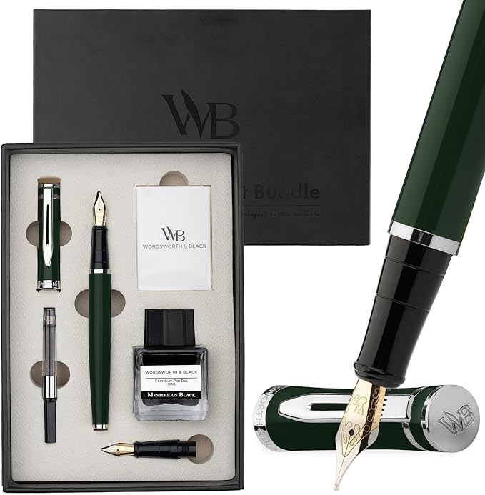 Wordsworth & Black Fountain Pen Set,18K Gilded Medium and Extra Fine Nib,25ML Black Ink Bottle,6 Ink Cartridges,Refill Converter,Gift Box,Smooth Writing Pens [Green Chrome],Gift Set for Men and Women