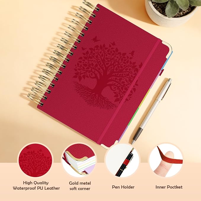 QIYVLOS Hardcover Spiral Notebook, B5 Journal with Removable Dividers Tabs, 5 Subject Notebook College Ruled, 320 Pages 8"x10" Leather Notebooks for Work School Study, Lined Journal for Women, Red