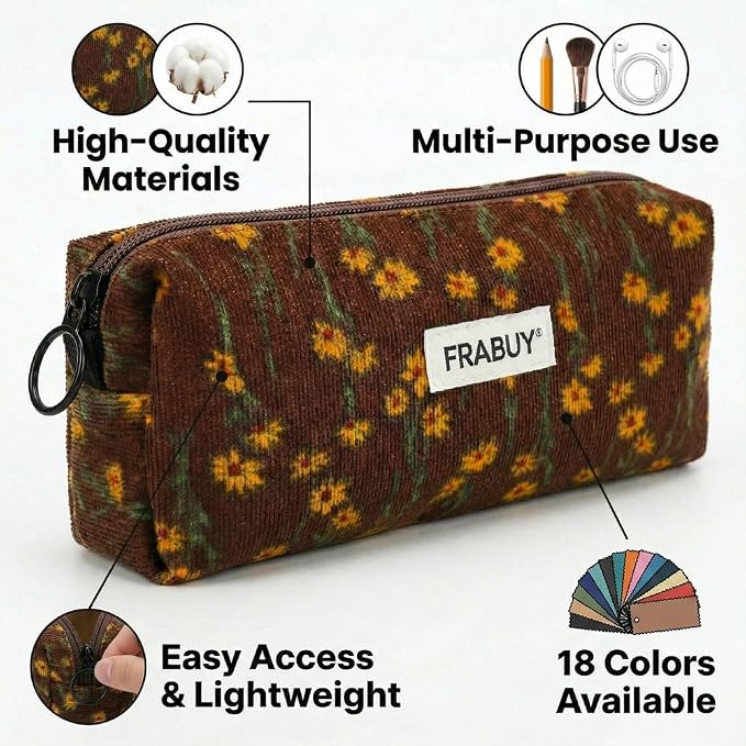 Soft Corduroy Pencil Case Pen Pouch Organizer, Small Stationery Bag | Cute brown chrysanthemum pencil pouch, smooth zipper, daily cosmetics holder, compact organizer for school teen girls, women