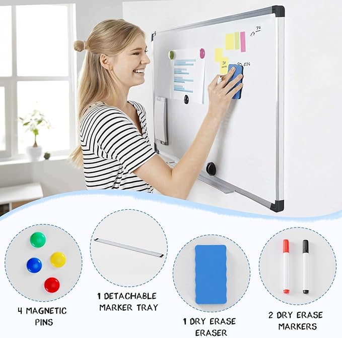 DUMOS Magnetic Whiteboard Kit for Wall 36" x 24", Dry Erase Board with 1 Dry Eraser & 2 Multicolor Markers & 4 Magnetic Pins, Sliver Reinforced Aluminum Frame for Home, School, Office