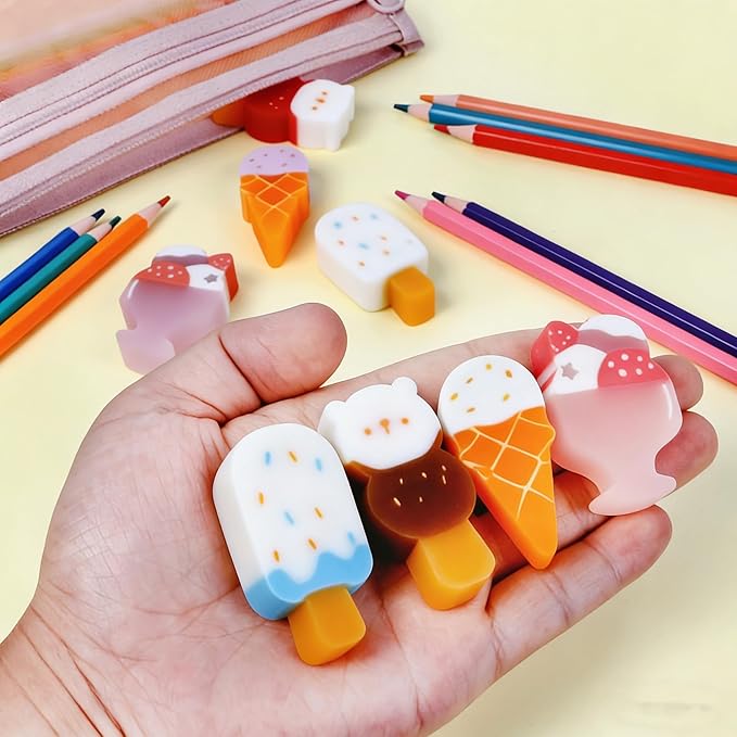 Smilo Scented Ice Cream Erasers 8 Pack - Realistic Food Shape Novelty Pencil Erasers, Classroom Prizes, Goodie Bag Fillers, Homework Rewards & Gifts