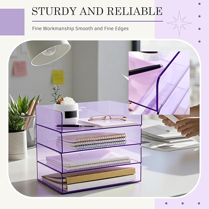 Harloon 4 Tier Clear Purple Acrylic Paper Organizer Letter Tray, Aesthetic Stackable Desk File Organizer Paper Holder Office Tray for A4, Modern Classroom Home Office File Pad Books Notes