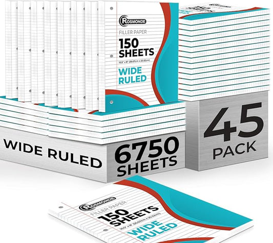 Rosmonde Loose Leaf Paper Bulk, 6750 Sheets, Wide Ruled, 8 x 10.5", Filler Papers for Office, 45 Pack, 150 Sheets/Pack, 3 Hole Punched for Binders, Bulk Filler Notebook Paper For College & School