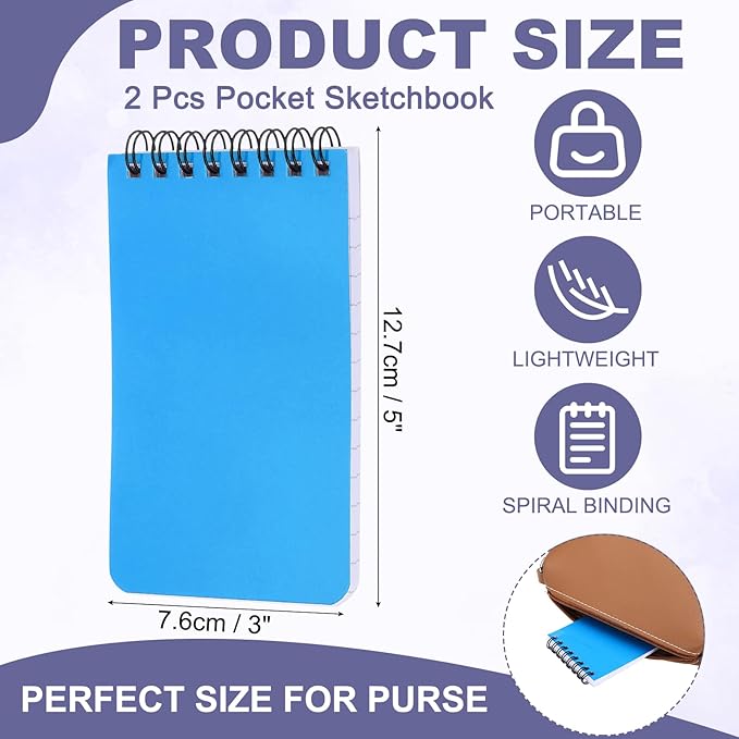 PATIKIL 3x5" Pocket Sketchbook, 2 Pcs Top Spiral Notebook Mini Lined Notebook Memo Pads 80GSM 60 Sheets/120 Pages Hard Cover Portable for Office Outdoor Travel Journal Draw, Blue