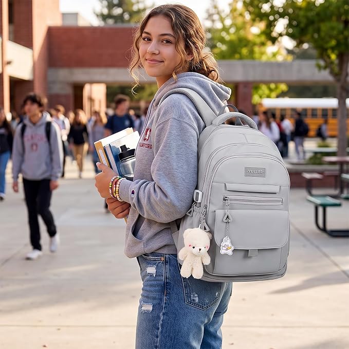 PRLINJSK Girls Backpack for College High Middle School Student, Cute Aesthetic Bookbag for Teens Women with Accessories,Grey