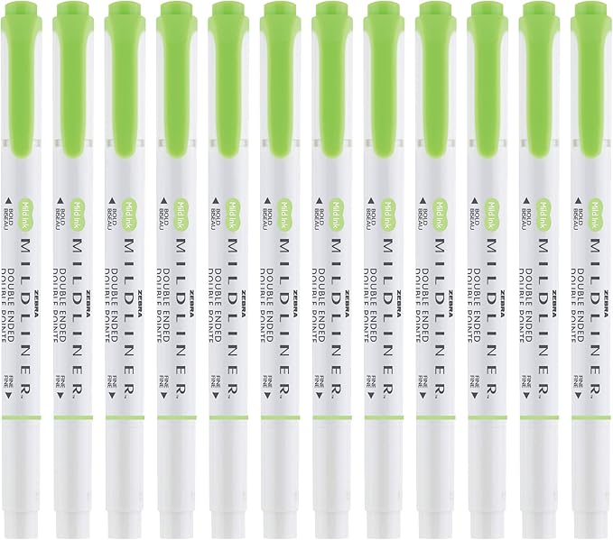 Zebra Pen Mildliner Dual-Tip Highlighters, Broad and Fine Tips, Ideal for Bible Highlighting, No Bleed, School Supplies, Teacher Supplies, and Office Supplies, Mild Green Ink, 12-Pack (78140upc)