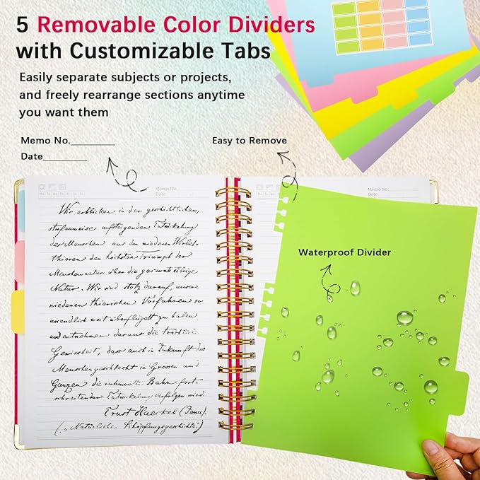 Hardcover Spiral Notebook with Removable Dividers & Tabs, 8.5"x11" 5 Subject Notebooks for Work, 300 Pages College Ruled Notebook, A4 Sparkle Lined Journal for Women Girls Note-Taking (Rose Red)