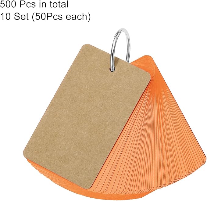 PATIKIL Blank Index Cards with Ring, 500Pcs Colored Blank Flash Card 3.5" x 2" Note Card Study Card for Memory Learning Studying Office Supplies, Orange