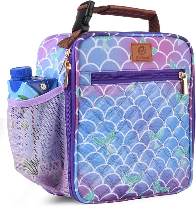 Genteen Kids Lunch Box Insulated Soft Mini Cooler with Bottle Holder, Lightweight Reusable Easy-Clean Lunch bag for Girls, Boys Back to School-Mermaid