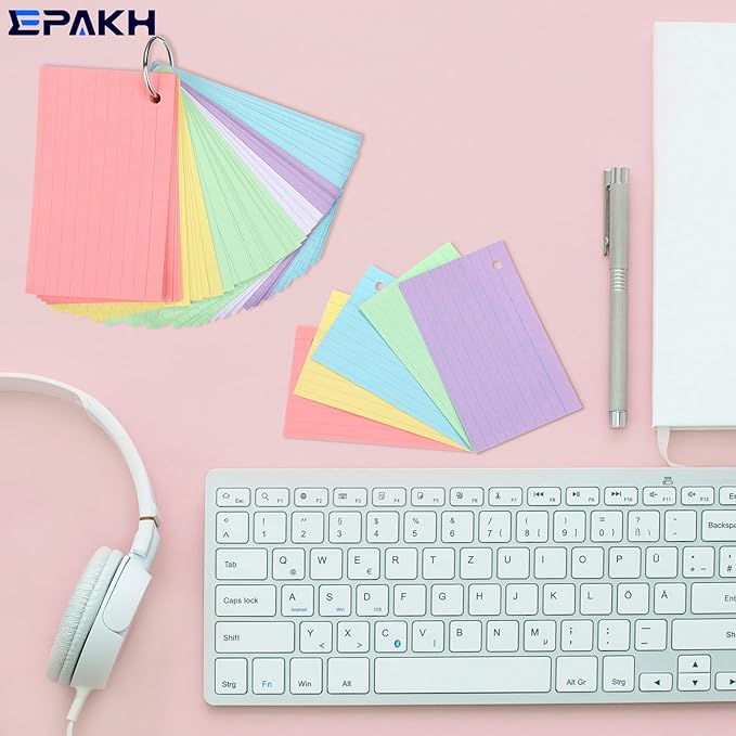 Epakh 300 Pieces Lined Index Cards 180 GSM Thick Flash Cards with Rings Notecards Punched Back to School for Studying Adults Home College Office(3 x 5 Inch,Light Color)