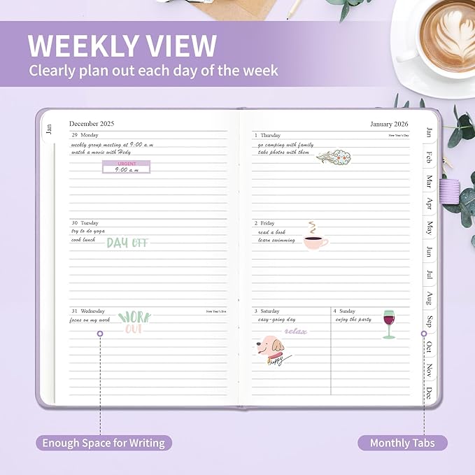 Planner 2026, Weekly and Monthly Planner with Tabs from Jan 2026 - Dec 2026, A5 Hardcover Academic Calendar with Date for School & Office Schedule, 5.8" x 8.3", Purple