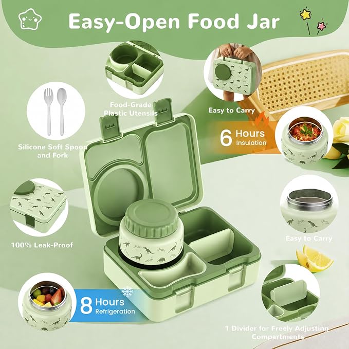 Kids Insulated Lunch Box with 8OZ Thermo Food Jar | Leakproof Bento Box with Ice Pack Sauce Cup Utensils Removable Tray & Dividers for School Daycare Travel, Dinosaurs