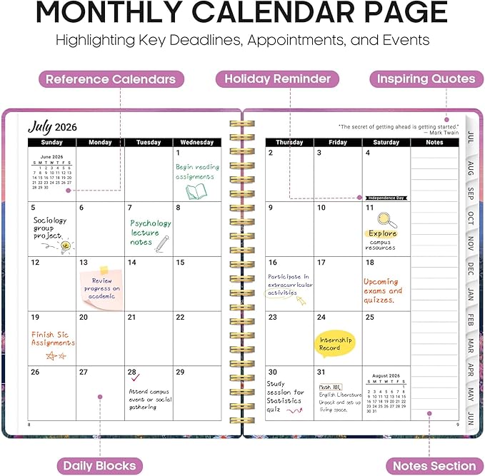 Planner 2026–2027, Academic Monthly Weekly Spiral Calendar, July 2026 – June 2027, Hardcover Agenda Notebook with Tabs, 8.5" x 11", Perfect for Students, Teachers, School & Daily Planning - Twilight Bloom