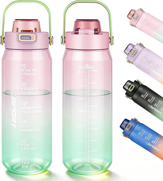 Gulex Motivational Water Bottle 32oz with Time Marker- Leakproof & BPA Free Sports Water Bottle with Straw & Carry Strap for Gym, Travel and Outdoor Sports (Pink/Blue Gradient)