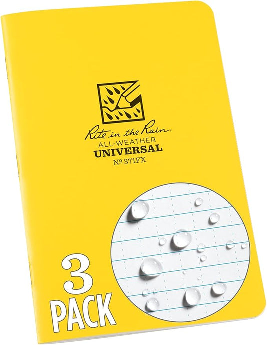 Rite in the Rain Weatherproof Stapled Notebook, 4.625" x 7", Yellow Cover, Universal Pattern, 3 Pack (No. 371FX)