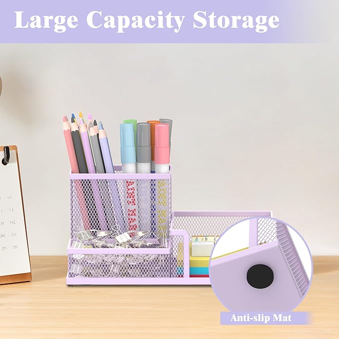 SUPEASY Mesh Pen Holder Desk Organizer, Office Supplies Pencil Storage with 3 Compartments, Office Desk Accessories and Workspace Organizers for Home School Classroom, Purple
