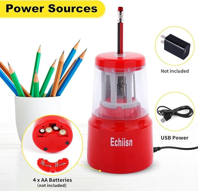 Office Personal Electric Pencil Sharpener, HHC Cutter Tech with Stronger Helical Blade, Best for School (Red)