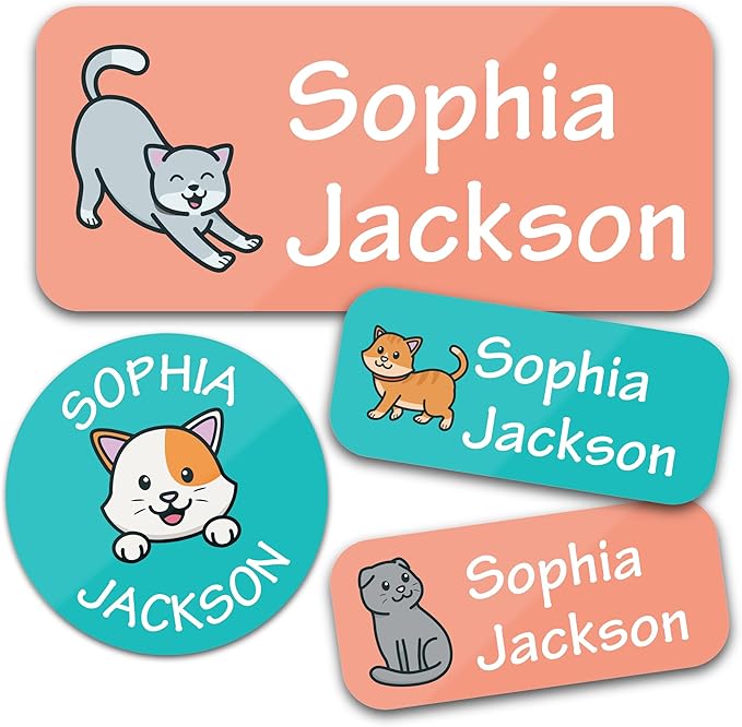 Bunny Badges Personalized Daycare Name Labels for Kids (130 Labels) - Custom Waterproof Name Stickers for Clothing Tags, Water Bottles, Lunch Boxes and School Supplies (Cats)
