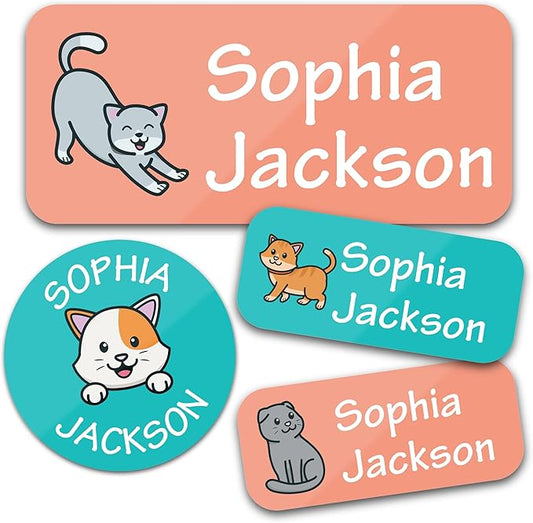 Bunny Badges Personalized Daycare Name Labels for Kids (130 Labels) - Custom Waterproof Name Stickers for Clothing Tags, Water Bottles, Lunch Boxes and School Supplies (Cats)