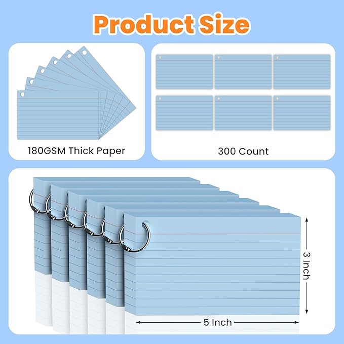 300 Count Blue Index Cards 3x5 Inch with Ring, Heavy Weight Flash Cards, Note Taking Supplies, Portable Note Cards, Study Flashcards for Students & Teachers, Office Home School Study Supplies