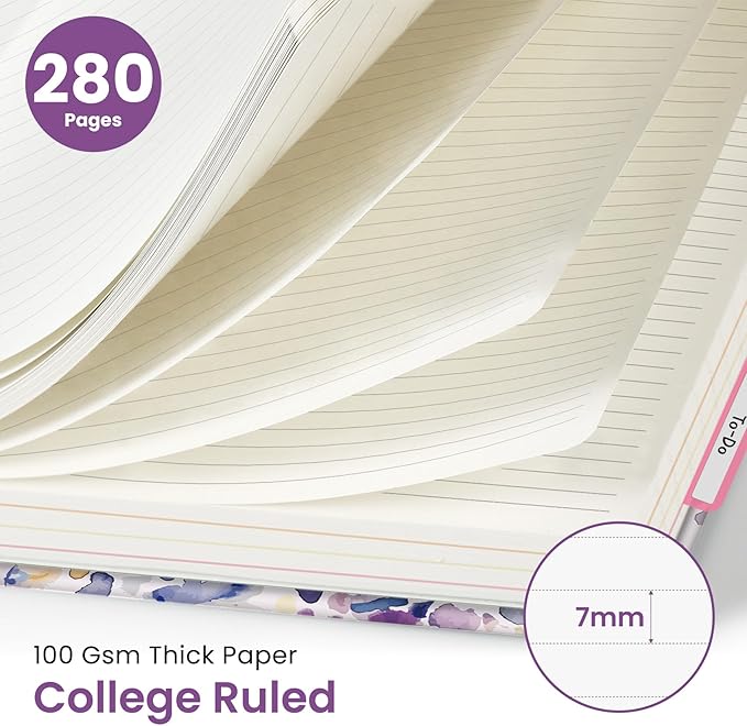Large Spiral Lined Notebooks for Work with Removable Dividers & Tabs, 8.5"x11" Pretty Hardcover 5 Subject Notebook Journal for Women, College Ruled, Perfect for Study & Office Organization, 280 Pages,Purple Blocks