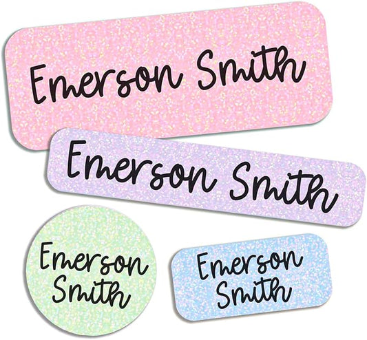 COACO Personalized Kids Name Labels, 90 Holographic Labels, Waterproof, Dishwasher Safe, Ideal for Daycare, Back to School Gift for Kids, Labels for Kids School Supplies (Pastel Solid)