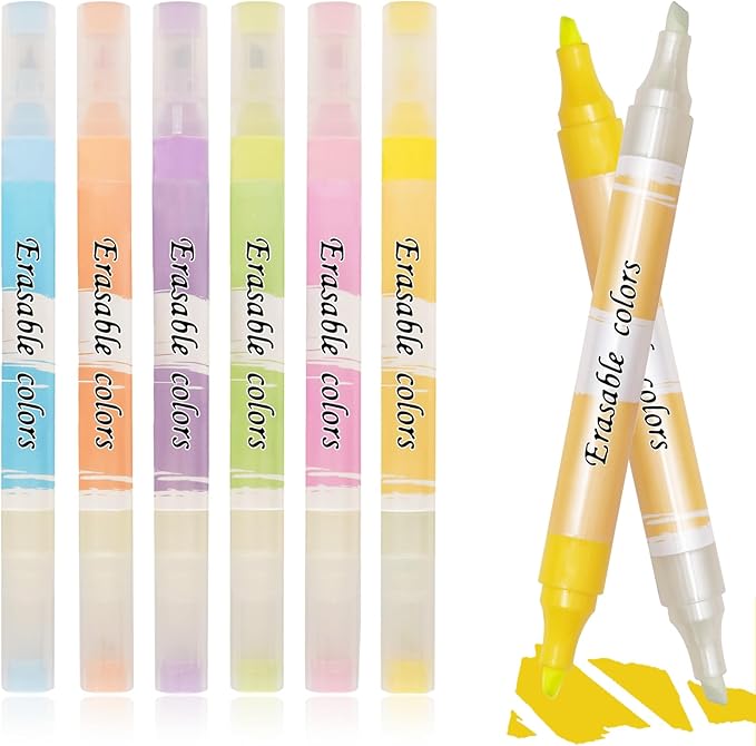 Erasable Highlighters, Dual Tip Bible Highlighters Erasable,Aesthetic Highlighter Assorted Colors,Cute Pastel Highlighter No Bleed Through for School,Journaling,Office,6 Pack Large Capacity