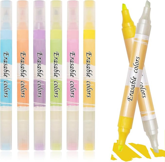 Erasable Highlighters, Dual Tip Bible Highlighters Erasable,Aesthetic Highlighter Assorted Colors,Cute Pastel Highlighter No Bleed Through for School,Journaling,Office,6 Pack Large Capacity