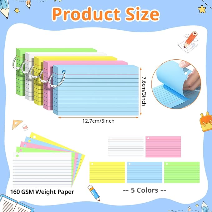 Index Cards 3x5 Inches, 250 PCS, Colored Flash Cards With Ring, Punched Lined Study Card Ruled Flashcards Notecards, Ruled Front And Blank Back, Note Card for School, College And Home