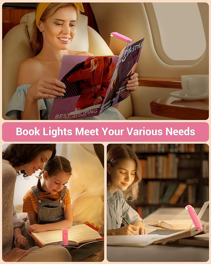 DEWENWILS Amber Book Light, USB Rechargeable Book Light for Reading in Bed, 3 Brightness Levels, Blue Light Blocking, LED Clip-on Reading Light for Kids, Bookworms (Pink)