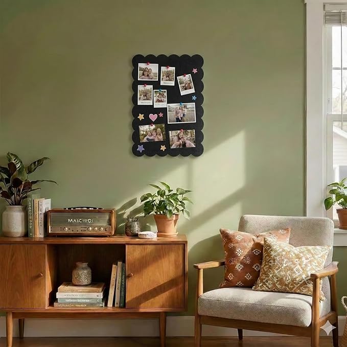 Scalloped Bulletin Board, 24x18 Scalloped Felt Bulletin Board, 2' x 1.5' Foldable Picture Display with 20 Pins & 5 Cute Decors - Black