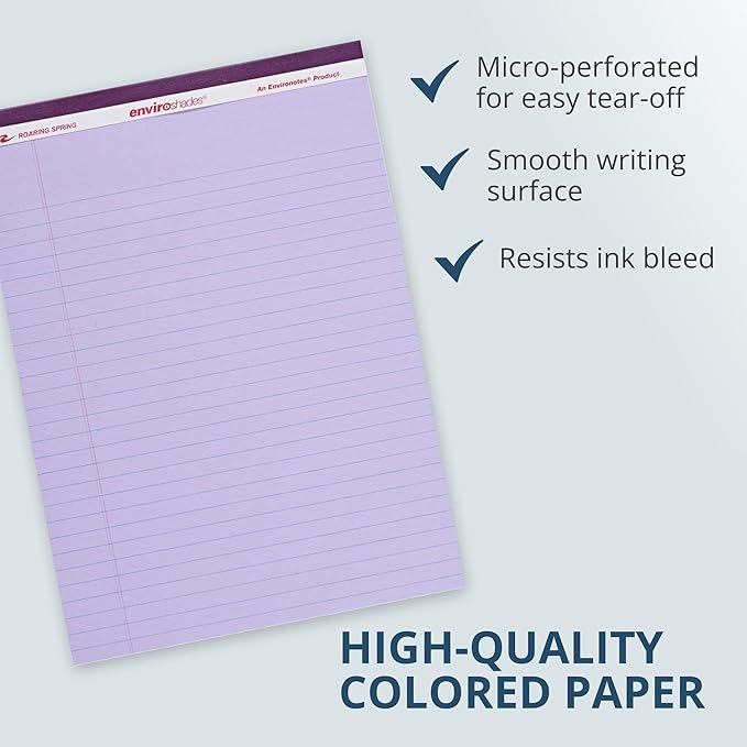 Roaring Spring Enviroshades Recycled Orchid Legal Pads, Case of 72 Pads, 8.5" x 11" 50 sheets of Legal ruled 15# Recycled Purple Paper Per Pad, Proudly made in USA!, Micro-Perforated