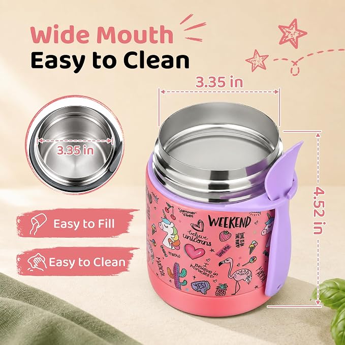 Pawtong 10oz Soup Thermo for Hot Food Kids Insulated Food Jar,Thermo Hot Food Lunch Container, Width Mouth Stainless Steel Lunch Box for Kids with Spoon (Pink-flamingo)