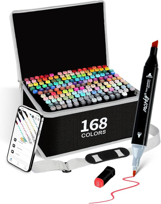 Brled 168+2 Colors Alcohol Markers with Free App, Chisel & Fine Tip Alcohol-Based Marker Set for Adults, Dual Tip Artist Markers for Drawing, Coloring Illustration, Painting and Great Gift Idea