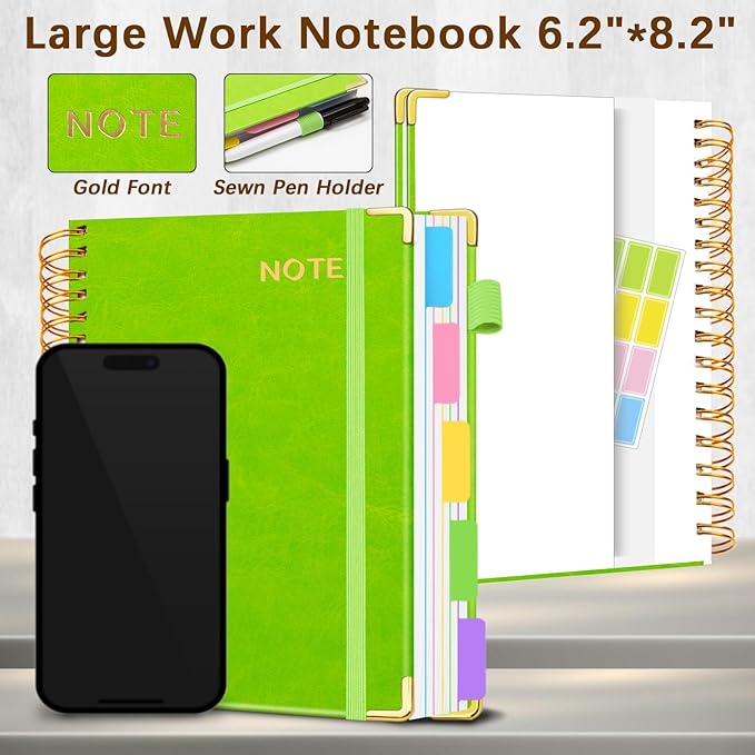 Hardcover Spiral Notebooks for Work 6.2"x 8.2", 300 Pages 5 Subject Notebook with Dividers & Tabs, A5 Spiral Journal for Women, College Ruled Notebook for School Note-Taking (Avocado Green)