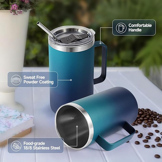 Volhoply 22oz Insulated Stainless Steel Coffee Mug with Leakproof Lid,Double Wall Vacuum Travel Coffee Cup with Handle,Reusable Metal Tumbler,Camping Mugs Keep Hot&Cold(Dark Night,1)