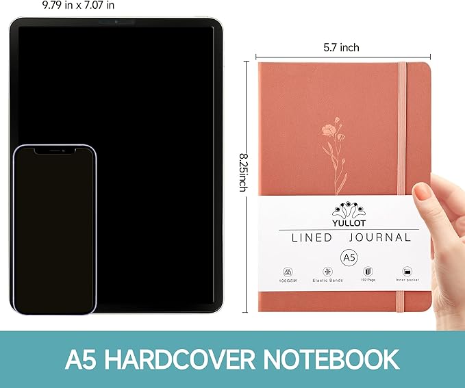 Lined Journal Notebook –A5 PU Leather Hardcover Notebook, 100gsm Thick Bleedproof Paper with Inner Pocket – 192Pages Lined Writing Journal for Students Women Note Taking - Clay Pink