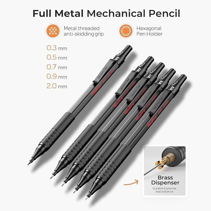 Nicpro 33PCS Black Metal Mechanical Pencil Set in Leather Case | Art Drafting Pencil 0.3/0.5/0.7/0.9/2mm Lead Holders for Sketching Drawing with 18 Tube (6B 4B 2B HB 2H 4H Colors) Lead